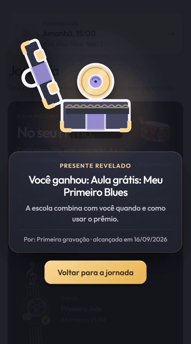Exemplo de abertura de um presente na jornada, revelando uma aula bônus como prêmio